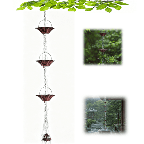 Lotus Style Rain Chain, Decorative Gutter Rain Catcher Accessory With Cup & Bell Detail, Adjustable Eaves Water Drain Chain, Functional Downspout Alternative Ornament