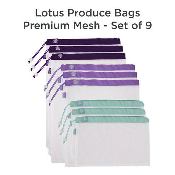 Lotus Sustainables Reusable Produce Bags - Set of 9 Mesh Bags