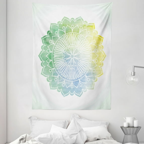 Lotus Tapestry, Boho Ethnic Mandala in Soft Tones Watercolor Traditional Artwork, Wall Hanging for Bedroom Living Room Dorm Decor, 60W X 80L Inches, Jade Green Pale Blue Yellow, by Ambesonne