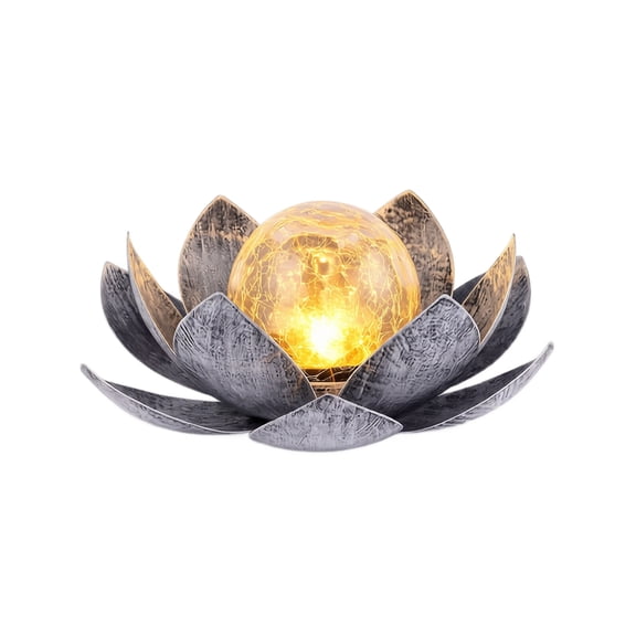 Lotus Tea Solar Light Outdoor Decor, 11.02 Inch Waterproof LED Lotus Flower Light Cracked Glass Globe, Auto On Off Warm Glow for Garden Patio Porch Yard Lawn Walkway Zen Decor Gift (Gray)