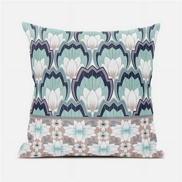 Lotus Throw Pillow with Removable Cover in White Green Pink 16x16