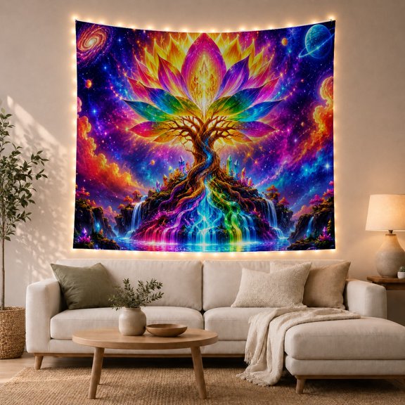 Lotus Tree Over Cosmic Mountain Waterfalls, Mystical Fantasy Style For Tree Of Life Lovers, Galaxy Wall Art, Housewarming Gift, Tapestry Wall Hanging For Bedroom And Dorm