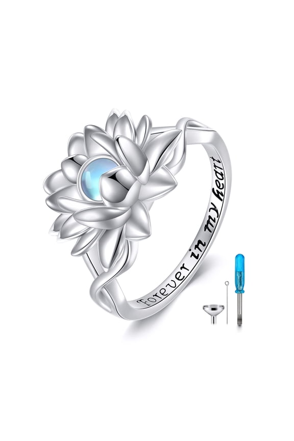 Lotus Urn Ring for Women Sterling Silver Moonstone Lotus Ashes Ring Cremation Jewelry Gifts Size 7