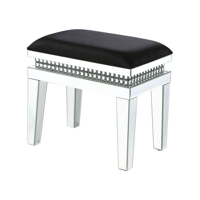 Lotus Vanity Stool in Black Fabric Mirrored Faux Crystals
