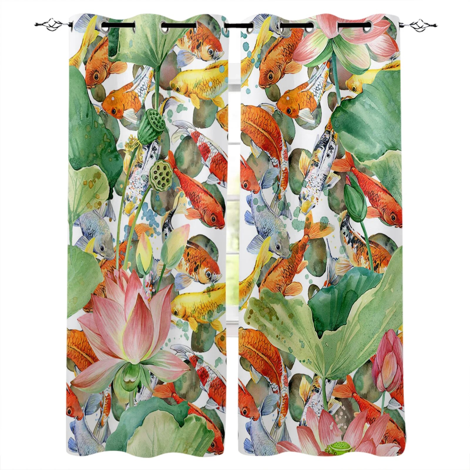 Lotus Varicolored Koi Fish Window Treatments Curtains Valance Curtain Rod Living Room Bathroom