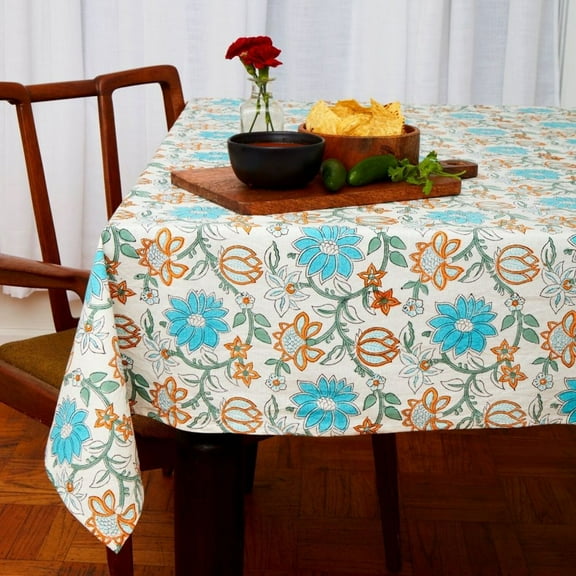 Lotus Vine Block Print 90 x 60 Rectangle Tablecloth