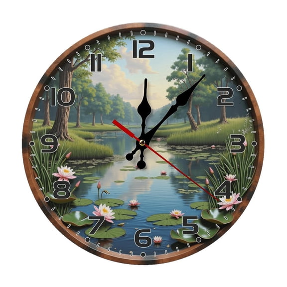 Lotus Water Wall Clock 10 Inch Silent Non Ticking Round Clock Decoration for Living Room Kitchen Bedroom Bathroom Office Classroom