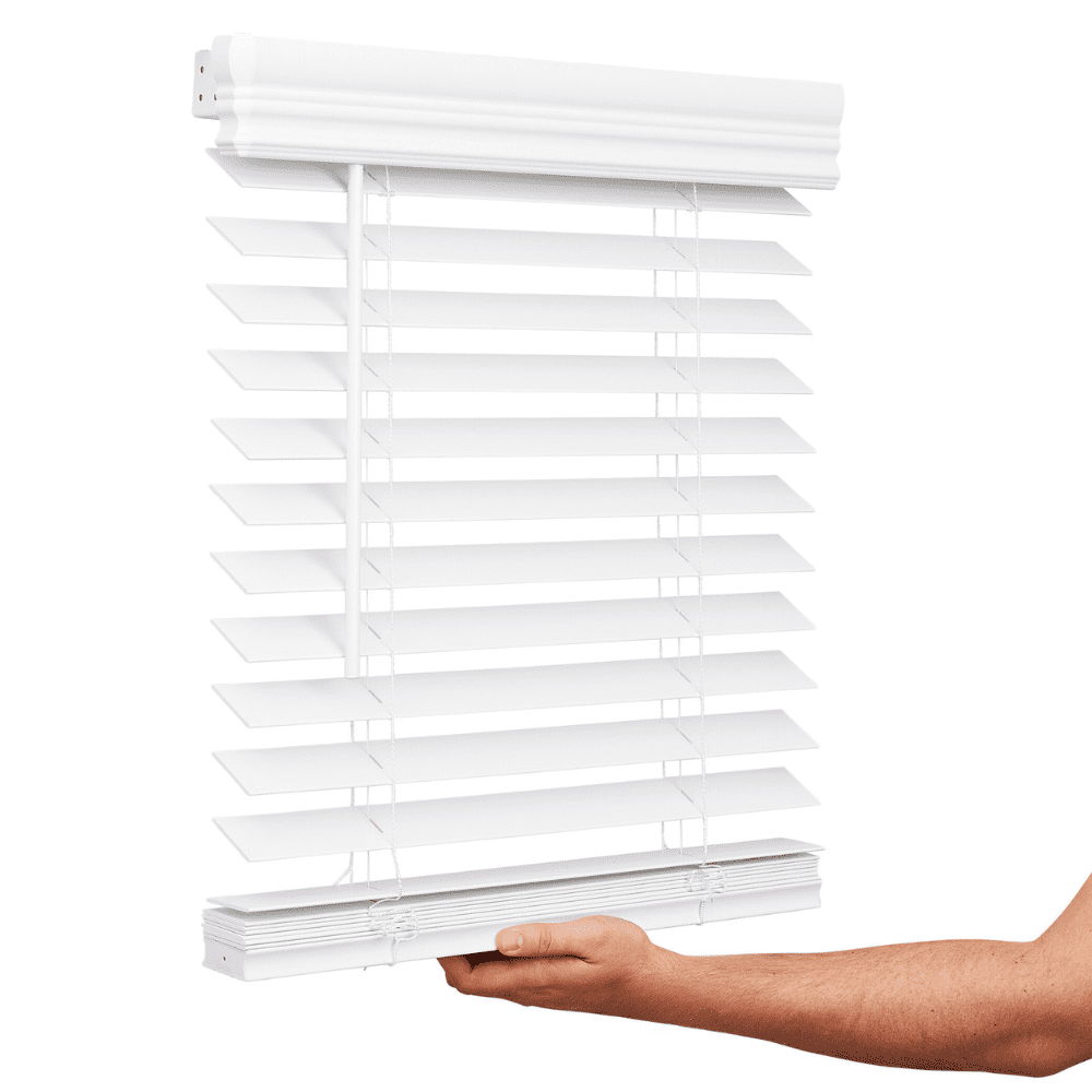 DEZ FURNISHINGS Cordless Faux Wood Blind - 2" Slats, White, 34.75" W X 72" H, Inside/Outside Mount