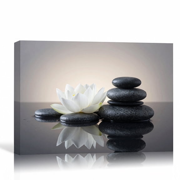 Lotus Zen Spa Stones Wall Art Relaxing Canvas Print White Flower Gallery Wrapped Canvas Bathroom Decor 12"L x 8"W