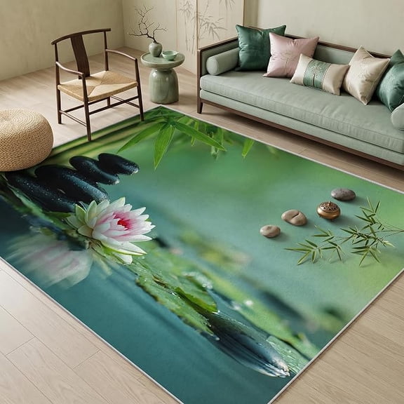 Lotus Zen Stone Rug, Spa Japanese Oriental 3D Patterned Indoor Carpet, Zen Stone Lotus Floral Decor for Home, Bedroom, Soft Non Slip Thin Design 1x2ft