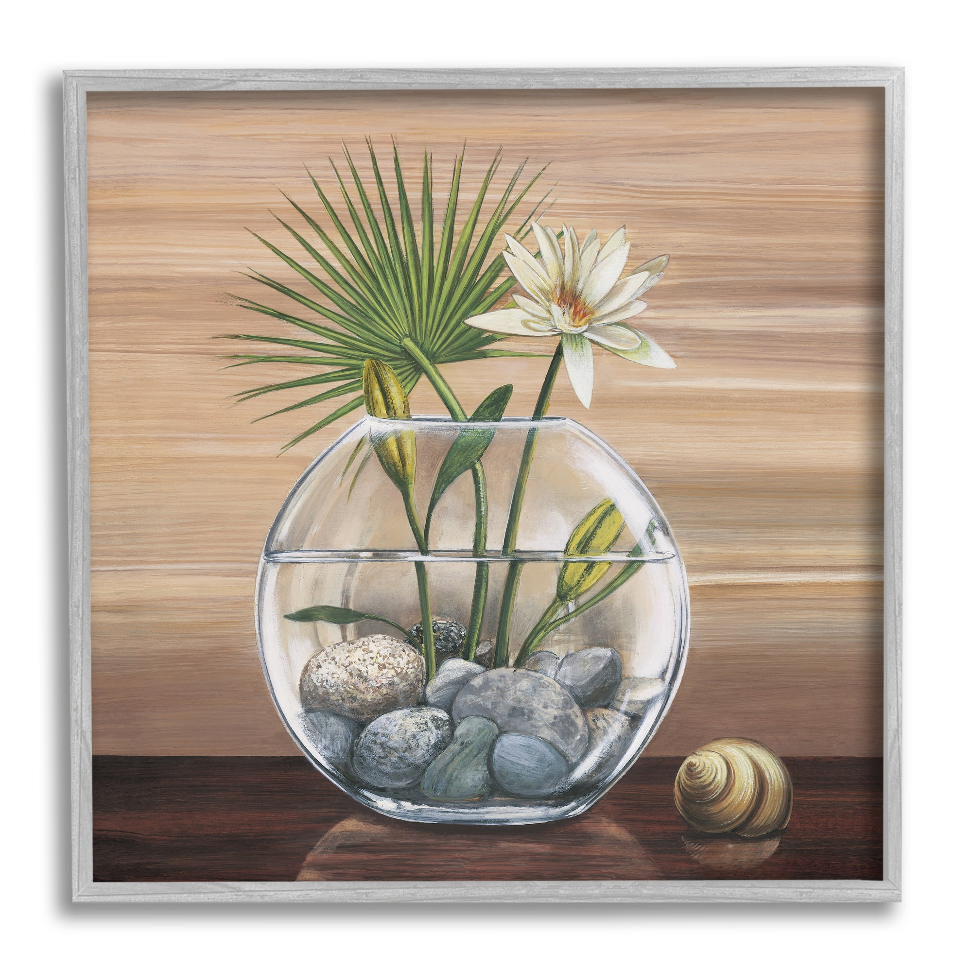 Lotus and Palm Plant in Rock Vase Still-Life Botanical & Floral Framed Art Print Wall Art, 17x17