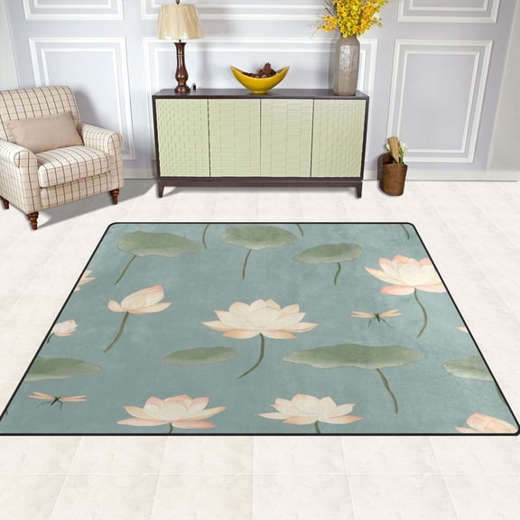 Lotus and Water Lily Pattern 63''x48'' Plush Memory Foam Bath Mat, Soft, Absorbent, Non Slip, Durable