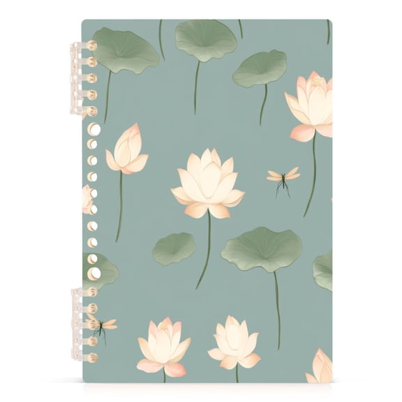 Lotus and Water Lily Pattern A5 8.3x5.7in PP Notebook, Adjustable Rings, 60 Sheets, Diary or Journey Note