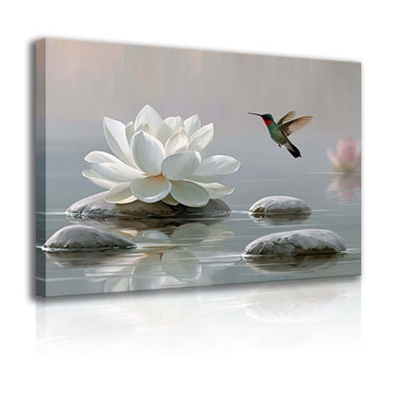 Lotus and hummingbird wall art canvas decorative frame, spa-inspired yoga Zen-inspired tranquil wellness home decor.