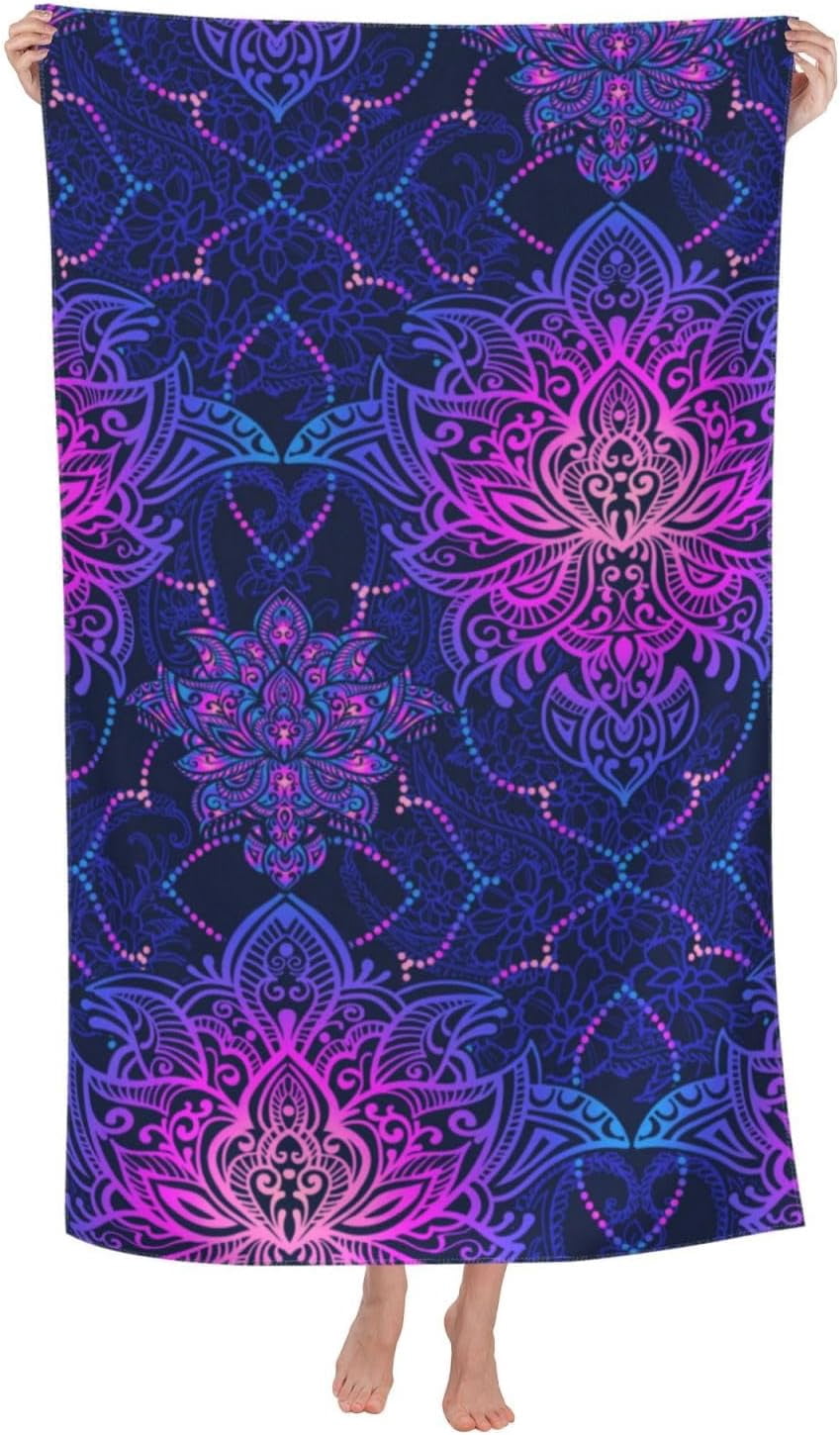 HENBAY Oversized Fluffy Beach Towel - 67x31 Inch Plush Cotton, Quick Dry, Purple Flower Design - View #10