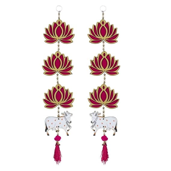Lotus with Cow & Jhumki Wall Hanging (19 Inch) Pink MDF Floral Toran for Ganpati Decor, Diwali Decoration