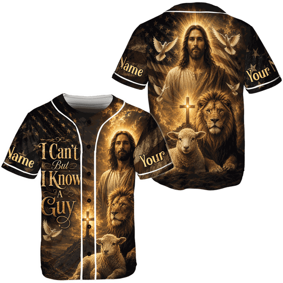 Lotusprinthandmade Personalized I Cant But I Know A Guy Jesus Lion Lamb Baseball Jersey, Christian Faith Sports Shirt