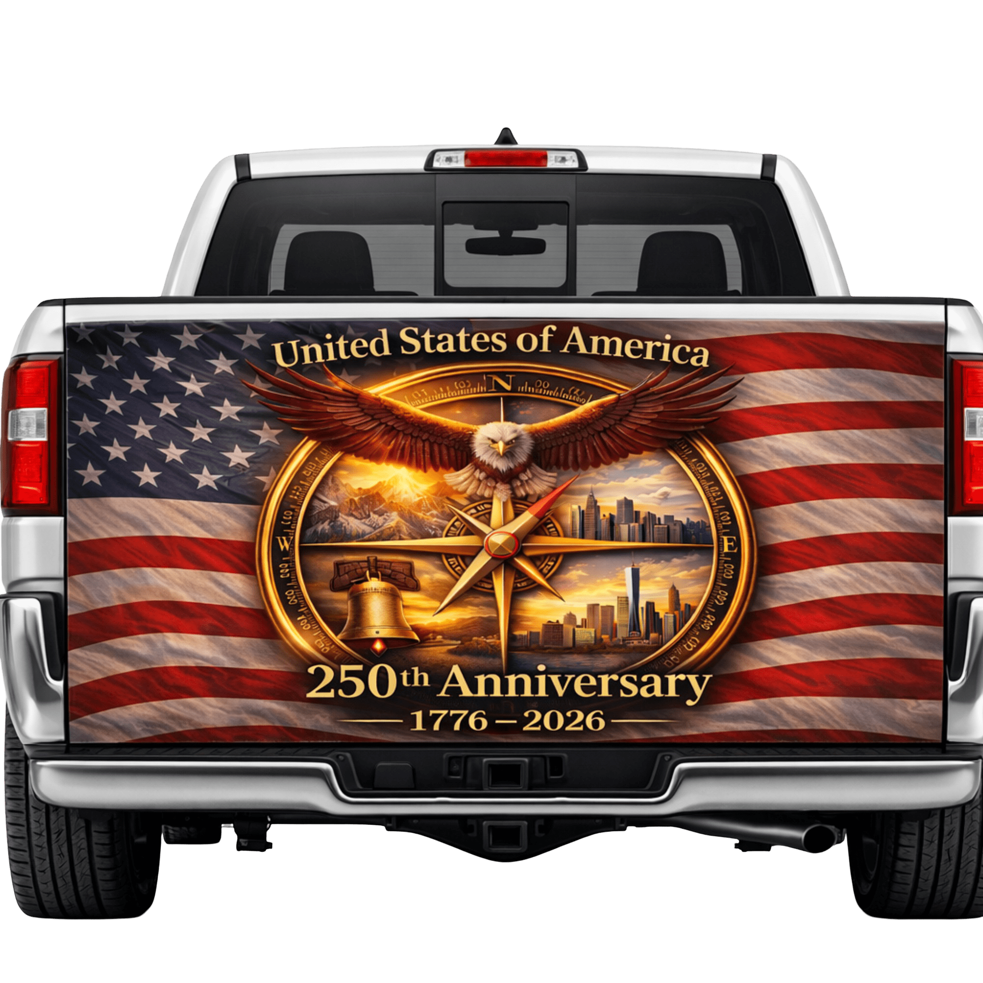Lotusprint LLC 250th Anniversary Eagle Compass Tailgate Wrap 2 Sizes (24"x58"), 1776–2026 Patriotic America Flag Truck Decal