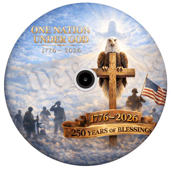 Lotusprint LLC 250th USA Eagle Faith Spare Tire Cover With Backup Camera Hole 27 in, 1776–2026 Patriotic America Wheel Cover