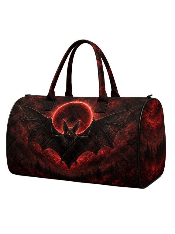 2D Print Bat Moon Quilted Weekend Bag, Gothic Red Travel Duffel