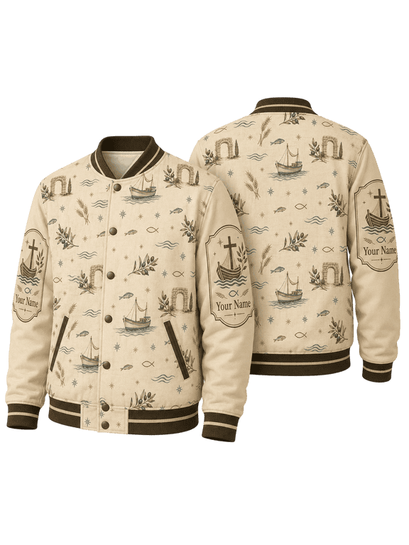 2D Print Biblical Coastal Pattern Bomber Jacket, Personalized Fishing Boat Olive Branch Jacket