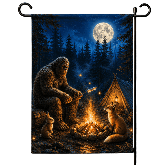 Lotusprint LLC 2D Print Bigfoot Campfire Polyester Garden Flag 12x18 inches, Moonlit Sasquatch Outdoor Yard Decor