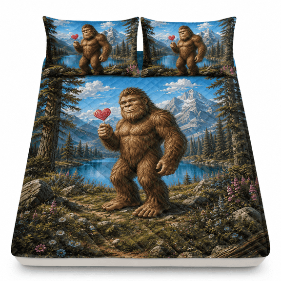 Lotusprint LLC 2D Print Bigfoot Forest Quilt Bedding Set 55x60, Woodland Camping Decor For Sasquatch Lovers