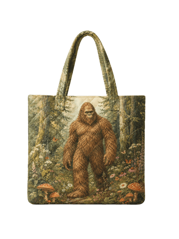 2D Print Bigfoot Forest Quilted Tote Bag, Sasquatch Nature Shoulder Bag