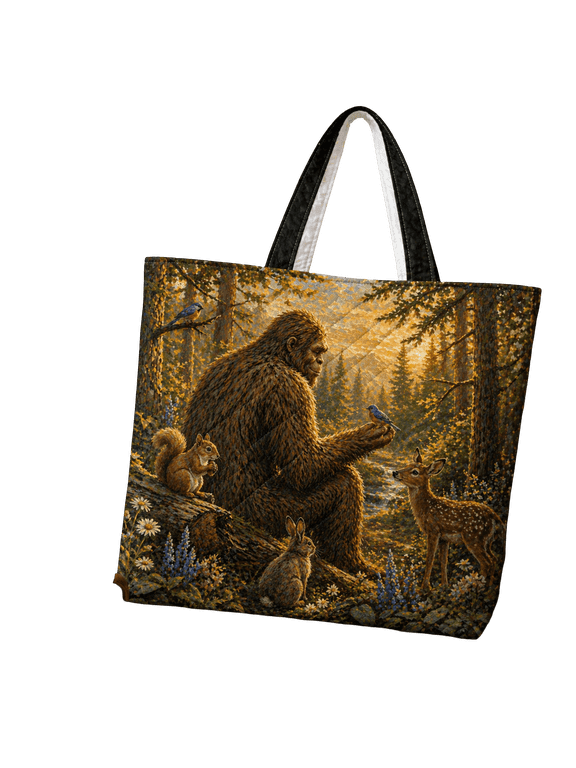 2D Print Bigfoot Forest Quilted Tote Bag, Wildlife Nature Lovers Shoulder Bag