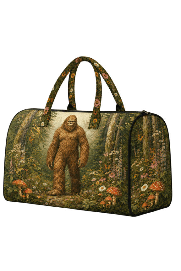 2D Print Bigfoot Forest Quilted Weekend Bag, Personalized Woodland Travel Duffel