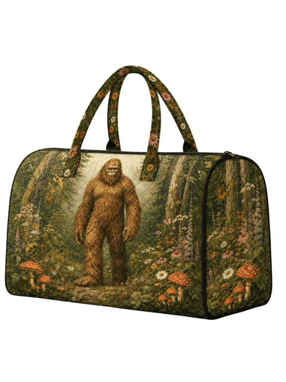 2D Print Bigfoot Forest Quilted Weekend Bag, Personalized Woodland Travel Duffel