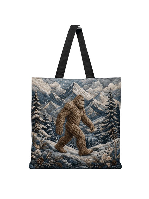 2D Print Bigfoot Mountain Quilted Tote Bag, Sasquatch Winter Forest Shoulder Handbag