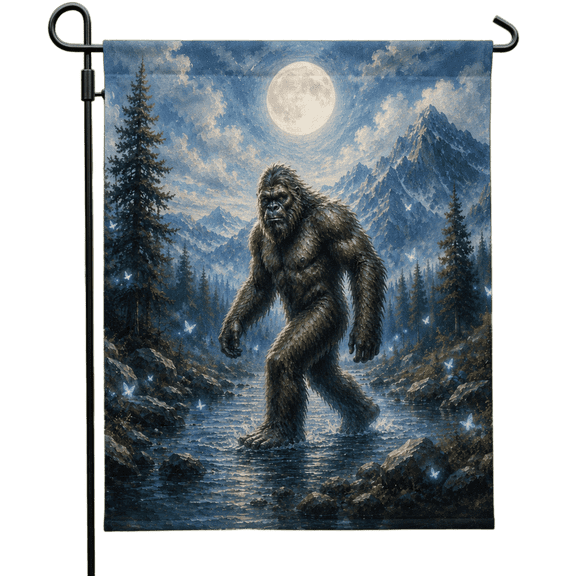 Lotusprint LLC 2D Print Bigfoot Polyester Garden Flag 12x18 inches, Moonlit Mountain Forest Yard Decor