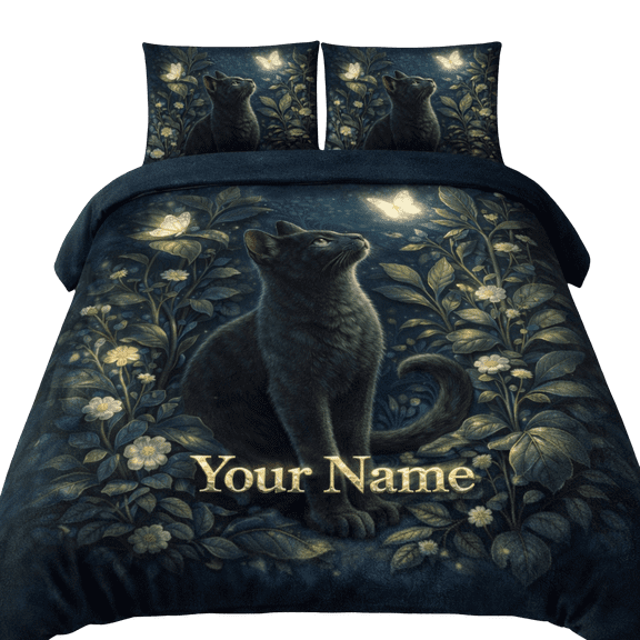 Lotusprint LLC 2D Print Black Cat Butterfly Night Garden Bedding Set (104x88), Cat Lover Floral Bed Set