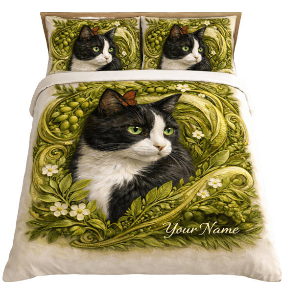 Lotusprint LLC 2D Print Black Cat Butterfly Night Garden Bedding Set (60x80), Cat Lover Floral Bed Set