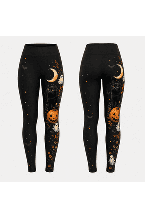 2D Print Black Cat Pumpkin Halloween Standard Leggings, Spooky Yoga Pants