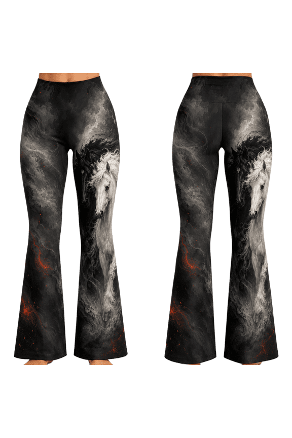 2D Print Black White Horse Custom All-over Print High-Waist Standard & Flare Leggings, Stormy Wild Horse Yoga Pants