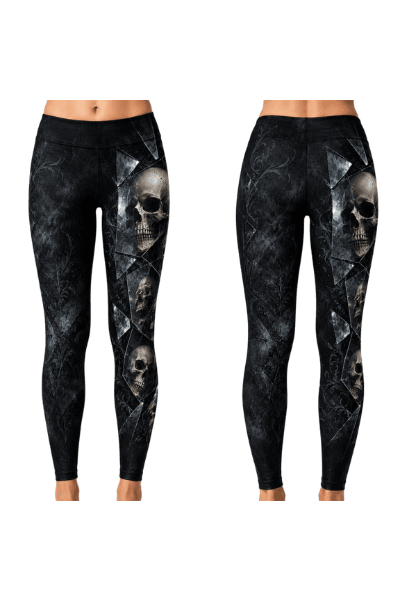 2D Print Broken Glass Skull Custom All-over Print High-Waist Standard & Flare Leggings, Gothic Skull Pants