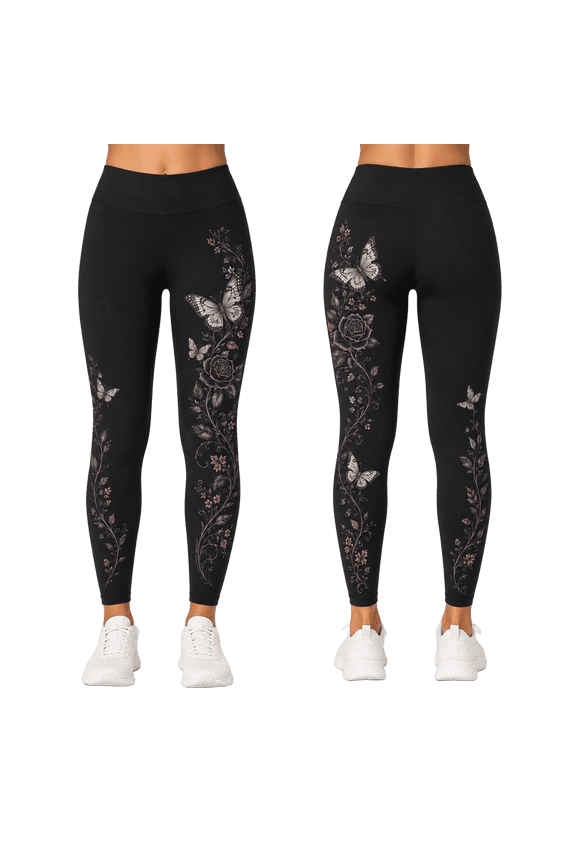 2D Print Butterfly Rose Vine Custom All-over Print Standard Leggings, Dark Floral Butterfly Yoga Pants