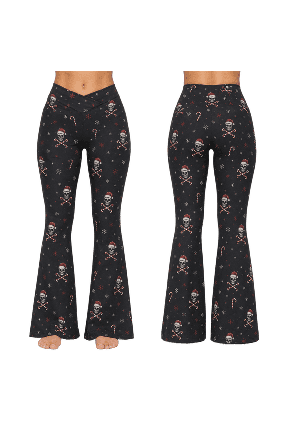 2D Print Candy Cane Skull And Bone Christmas Custom All-over Print Flare Leggings, Dark Holiday Bell Bottom Pants