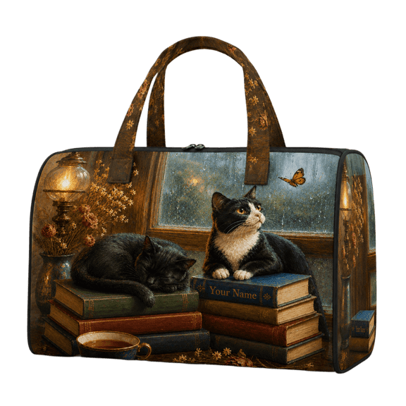Lotusprint LLC 2D Print Cat Book Quilted Weekend Bag, Personalized Cozy Library Travel Duffel