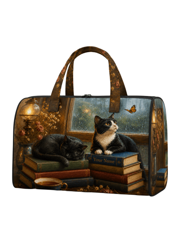 2D Print Cat Book Quilted Weekend Bag, Personalized Cozy Library Travel Duffel