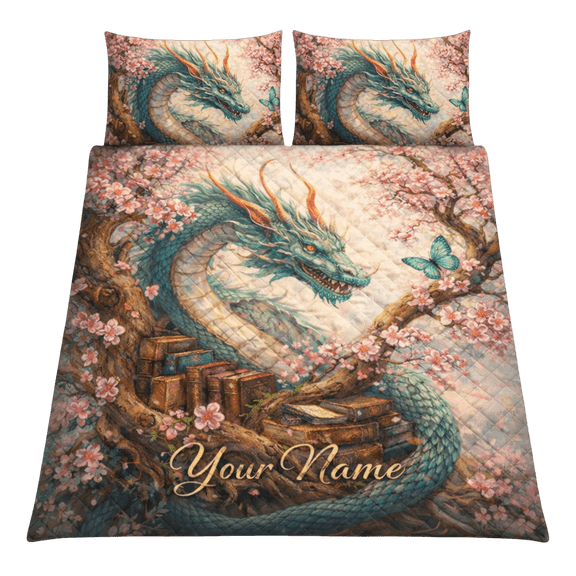 Lotusprint LLC 2D Print Cherry Books Dragon Personalized Quilt Bedding Set 90x100, Fantasy Art Design
