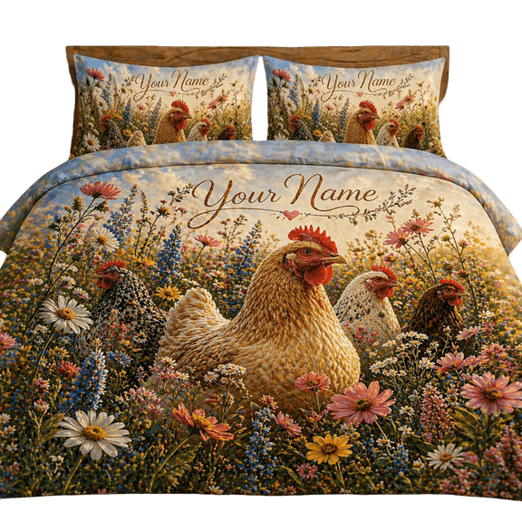 Lotusprint LLC 2D Print Chicken Floral Bedding Set (104x88), Farm Chicken Wildflower Comforter Set