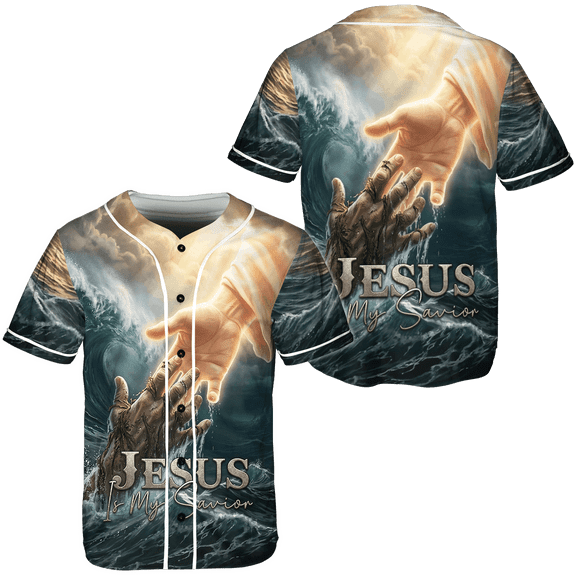 Lotusprint LLC 2D Print Christian Faith Ocean Wave Baseball Jersey, Inspirational Religious Graphic Button Shirt