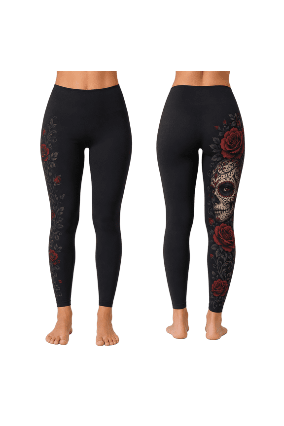 2D Print Dark Floral Sugar Skull Rose Custom All-over Print Standard Leggings, Gothic Red Rose Yoga Pants
