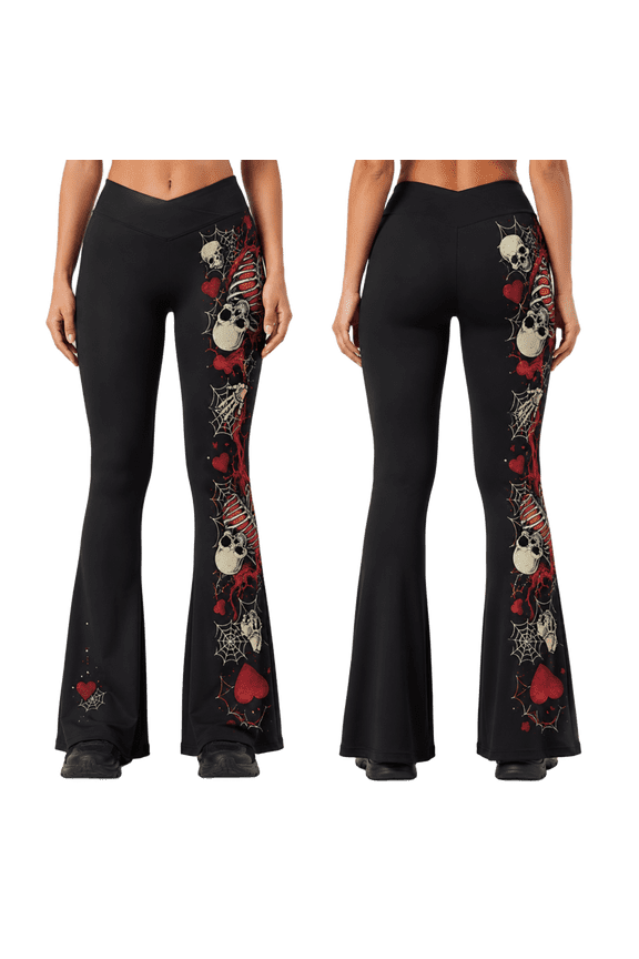 2D Print Dark Heart Skeleton Side Panel Custom All-over Print Flare Leggings, Tattoo Style Bell Bottom Pants