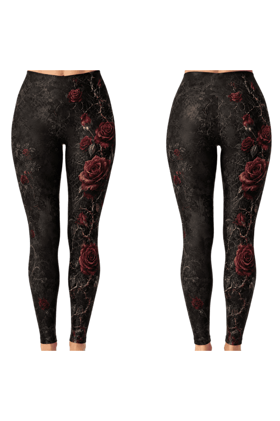 2D Print Dark Red Rose Custom All-over Print High-Waist Standard & Flare Leggings, Gothic Floral Bell Bottom Yoga Pants