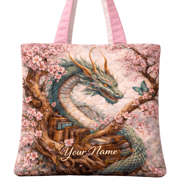 Lotusprint LLC 2D Print Dragon Sakura Quilted Tote Bag, Fantasy Creature Floral Design Gift For Myth Lovers