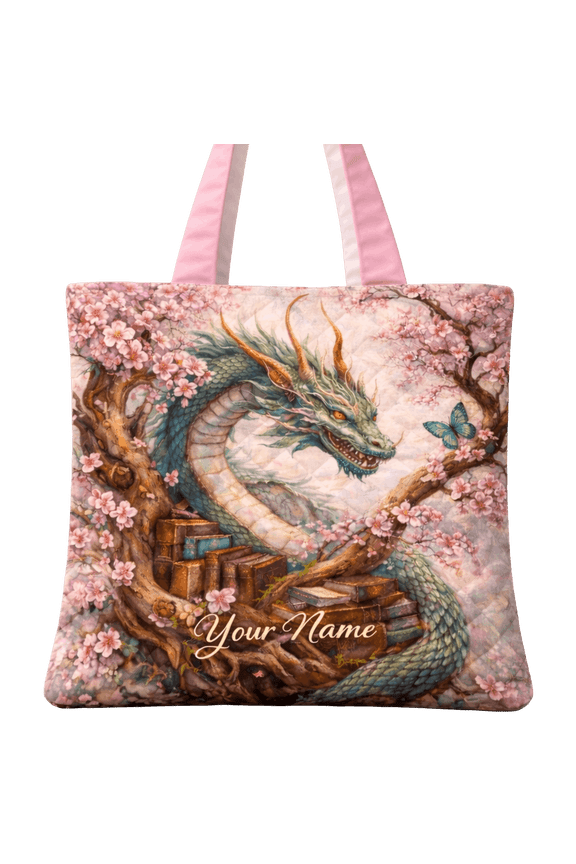 2D Print Dragon Sakura Quilted Tote Bag, Fantasy Creature Floral Design Gift For Myth Lovers